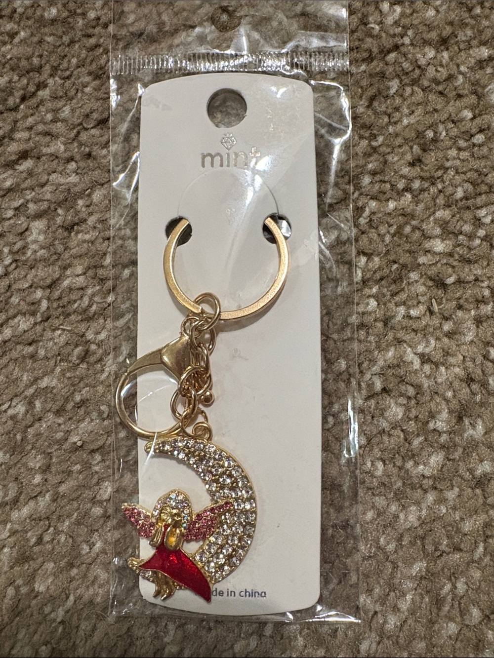 Mint Gold-Tone Angel & Crystal Crescent Keyring with Pink and Red Accents